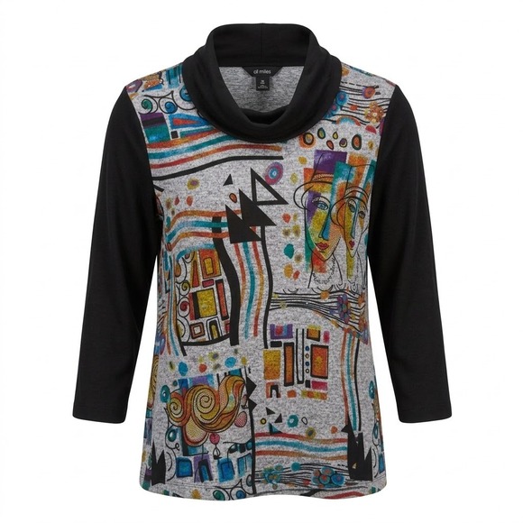 Ali Miles Tops - NEW Ali Miles XL Black Gray Abstract Face Art Cowl Neck 3/4 Sleeve Tunic Shirt